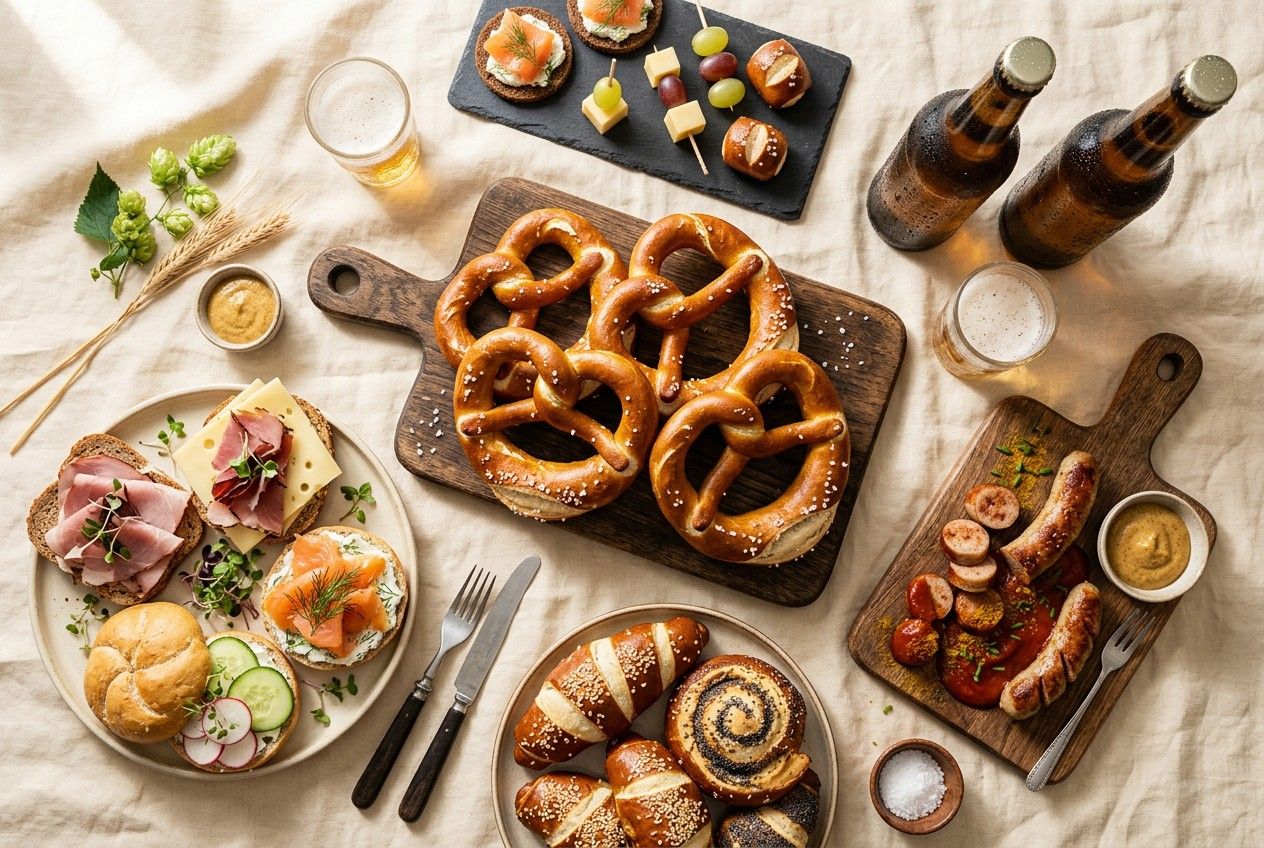 Marra Catering Auswahl: Brezen, belegte Brötchen, Bratwurst und Getränke für Messe Köln